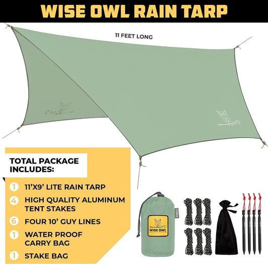 Wise Owl Outfitters Hammock Rain Fly – Waterproof Camping Tarp Cover with Tent Stakes & Carry Bag, Ultralight Shelter for Backpacking & Outdoor Shade