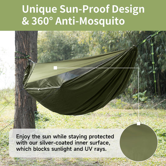 Camping Hammock with Mosquito Net and Sunshade, Backpacking Hammock with Ridge Rope Tree Straps, Lightweight Portable Hammocks for Outside, Hiking, and Travel