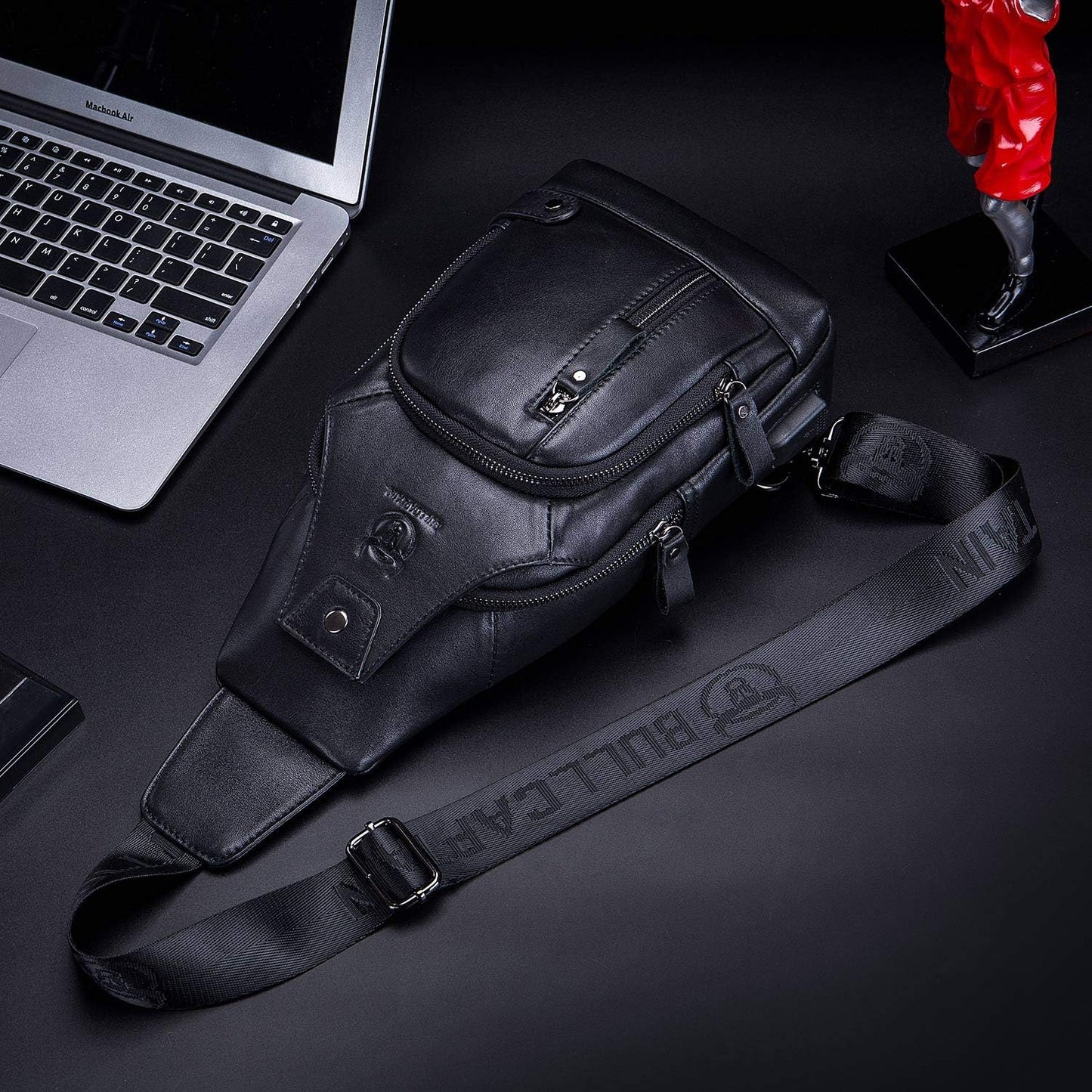 BULLCAPTAIN Leather Sling Bag Mens Chest Bag Casual Shoulder Crossbody Bags Travel Hiking Backpacks Daypack with USB Charging Port (Black)
