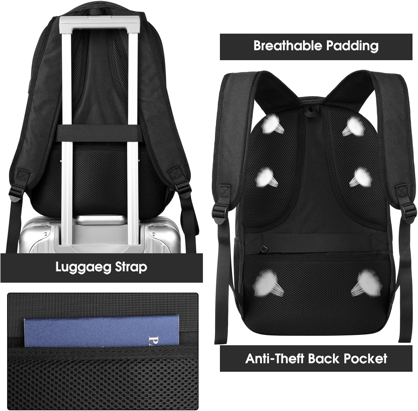 Backpack for Men and Women, School Backpack for Teens, Black Backpack for Boys with USB Charging Port Fits 15.6 Inch Laptop, Water Resistant Travel College Bookbag