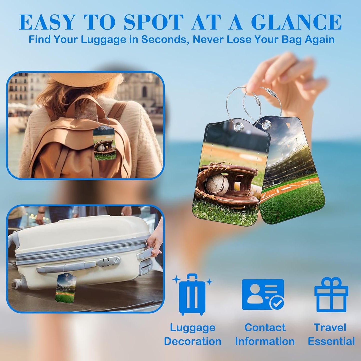 Old Baseball and Glove on Baseball Grand Luggage Tags for Suitcases Leather Travel Tags for Luggage ID Label with Privacy Cover and Stainless Steel Loop for Men Women Suitcase Backpack, Set of 2