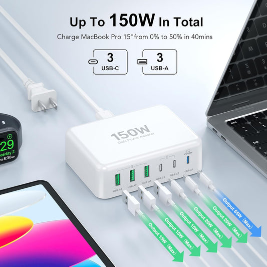 USB C Fast Charger Block, 150W 6 Port Desktop PD GaN Fast Charger Charging Station Block 65W USB C Laptop Power Adapter for MacBook Pro/Air iPad iPhone 16 15 14 13 12 Pro Max Galaxy S23 Note 20 Pixel