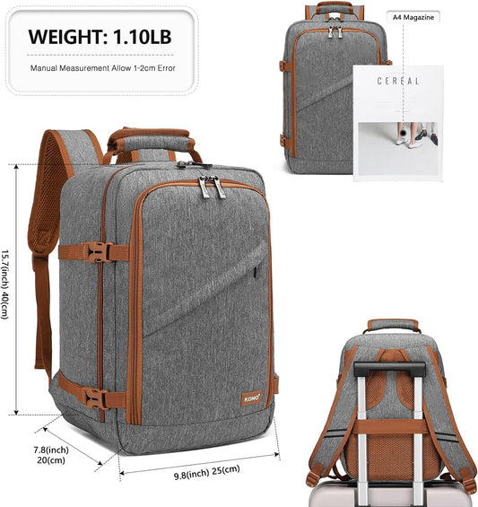 Kono Carry on Backpack, 16" Airplane Approved Under Seat Travel Backpack for Men and Women, Waterproof Lightweight Daypack for Flight 20L (Grey/Brown, Small)