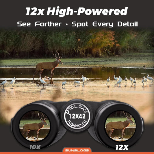 12x42 HD Binoculars for Adults,Super Bright BAK4 Prism High Powered Waterproof Binoculars with Low Light Vision for Bird Watching Outdoor Hunting Travel Hiking Sports Stargazing Cruise (Black)