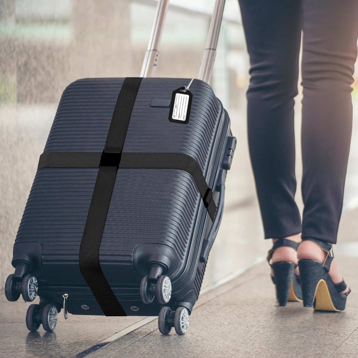 8 Pack Luggage Straps and Tags Set (4 Straps, 4 Tags), Luggage Straps for Suitcases TSA Approved Suitcase Belt Luggage Tags, Black