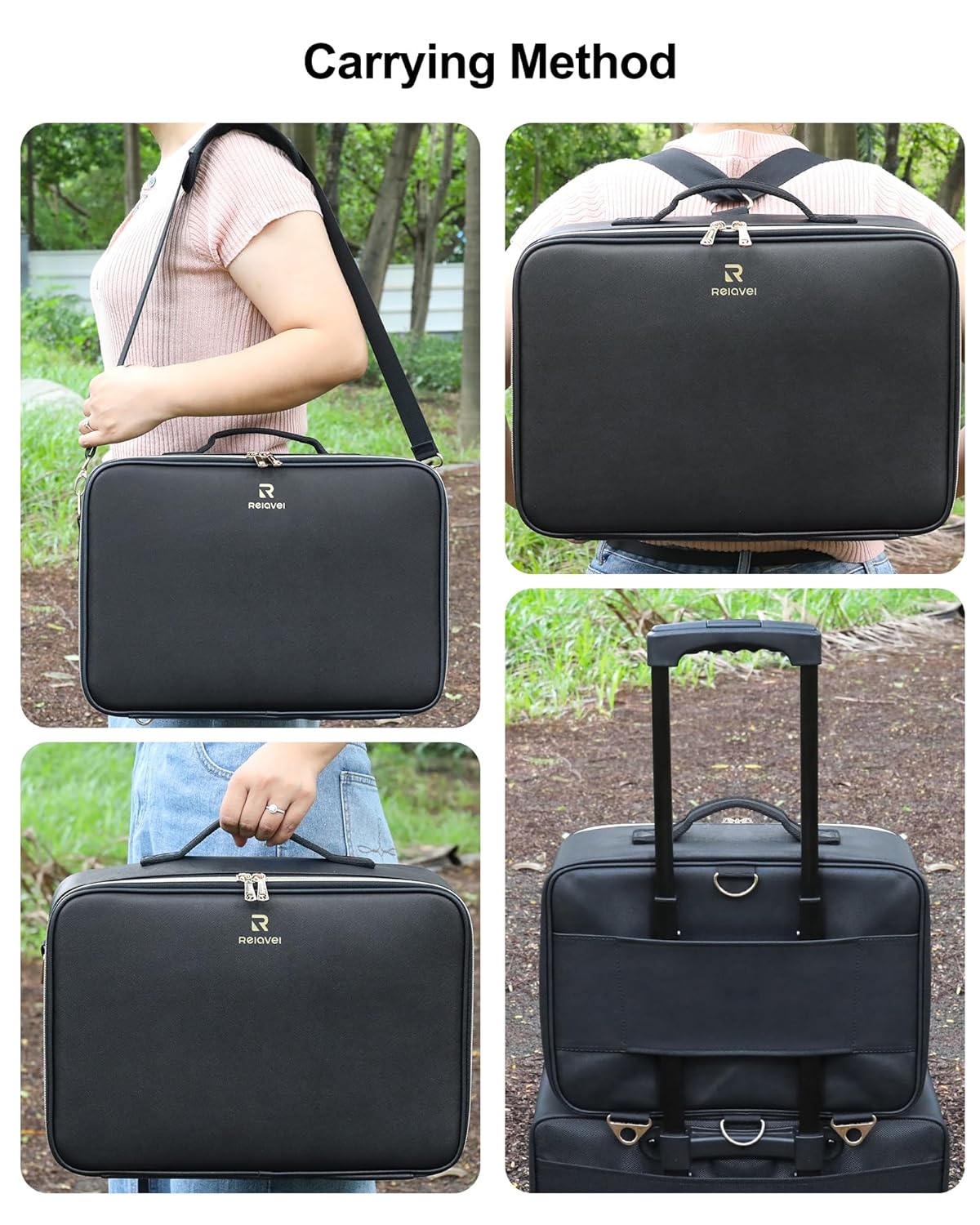 Relavel Travel Makeup Bag With LED Mirror, 16.2" Large Makeup Train Case, 3 Color Scenarios Adjustable Brightness, Waterproof Makeup Train Case Organizer with DIY Dividers for Makeup Artist, Black