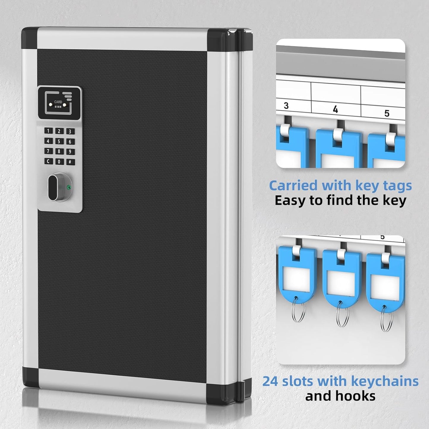 24 Slots Key Box Wall Mount with Code, Key Lock Box with Combination, Key Storage Box with Key Hooks & Tags & Lables, 8.45" x 2.55" x 13" (Black-Code Lock, 24 Keys)