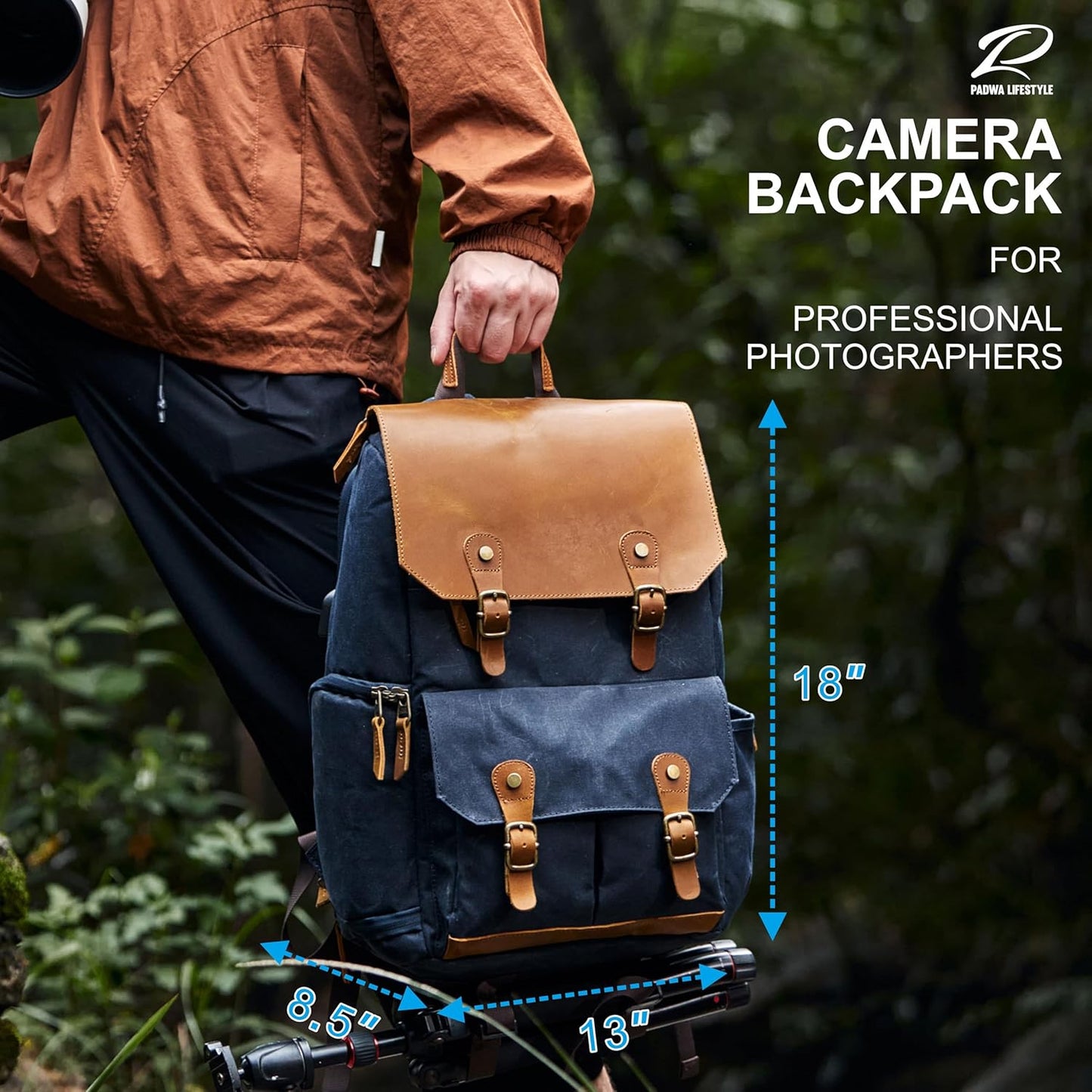 Padwa Lifestyle Blue Camera Backpack - Waxed Memory Weather Resistant Canvas Large Camera Bag,Multifunctional Dslr Camera Backpacks with Multi Cameras,Lens & 16β Laptop Compartment for Photographers