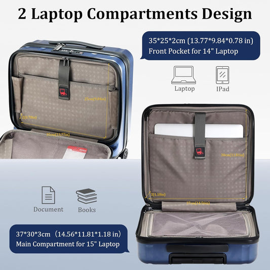 16" Carry On Briefcase Luggage with 2 Laptop Compartments, Lightweight Hardshell Suitcase with Spinner Silent Wheels, for Commute Work Business Trip, Dark Blue
