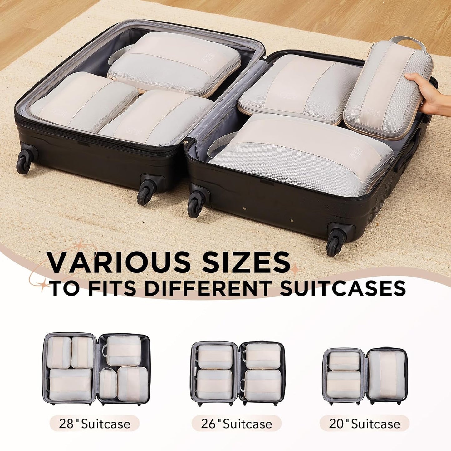 6 Set Compression Packing Cubes for Travel Essentials,Compressible Expandable Packing Cubes for Suitcase,OlarHike Luggage Organizer Bags for Travel,Handy Helper for Organizing Clothes(Beige)