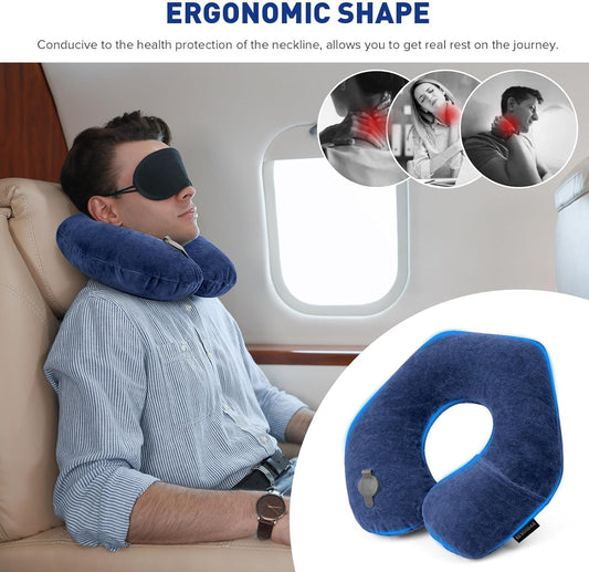 Rewondah Neck Pillows for Travel, Inflatable Travel Pillow, Inflatable Neck Pillow for Traveling Airplane with Soft Velour Washable Cover, Blow Up Neck Pillow for Airplanes Train Travel, Blue