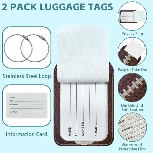 American Football Luggage Tag for Suitcase Set of 2 PU Leather Cute Luggage Tags with Stainless Metal Loop ID Label Privacy Flap Suitcase Tags for Women and Men Travel