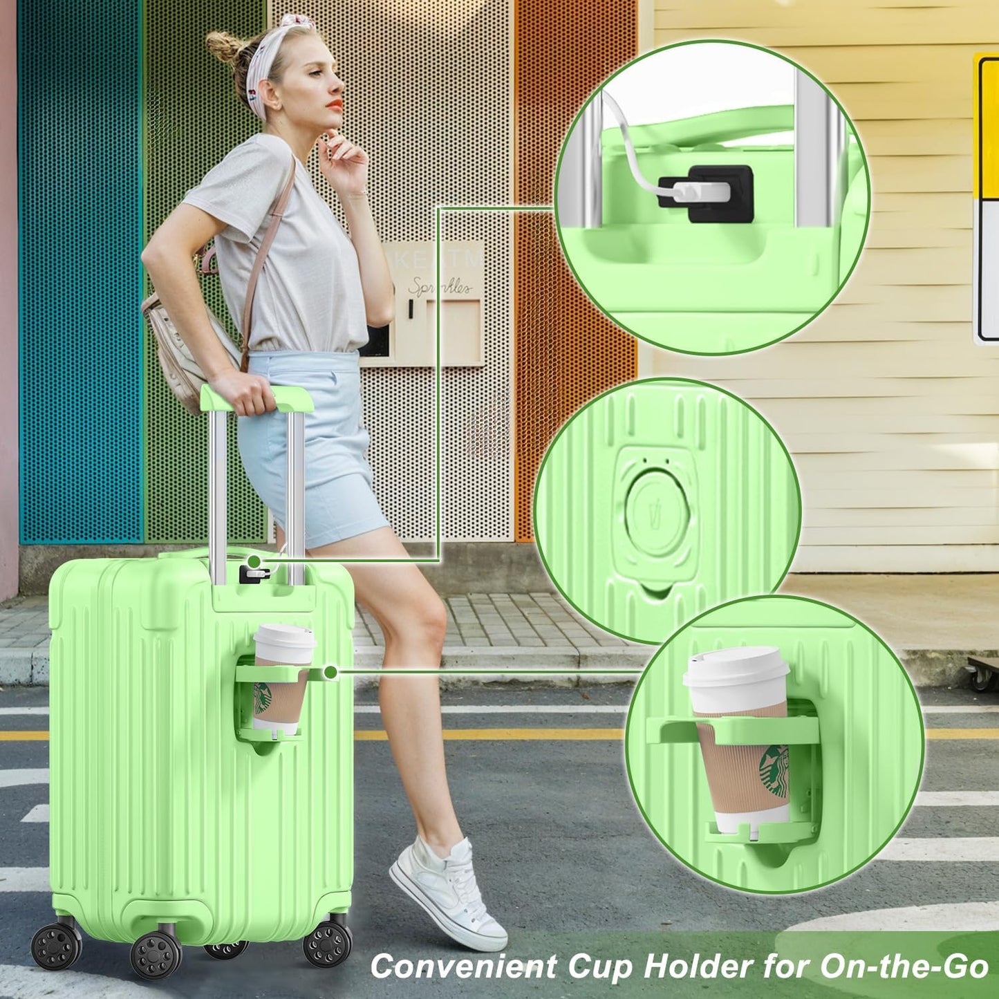 Krute Luggage Sets 2 Piece Suitcase with Spinner Wheels PC+ABS Hardside Suitcases Charging Port TSA Lock Carry On Luggage with Cup Holder 20+28 Inch