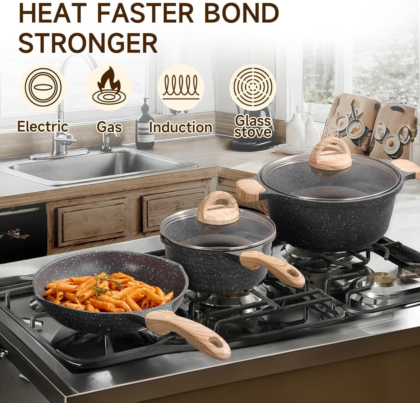 JEETEE Pots and Pans Set Non Stick 23pcs, Healthy Kitchen Cookware Sets, Induction Cooking Set W/Gray Frying Pans, Saucepans, Sauté & Griddle & Crepe Pan (PFOA, PFAS Free)