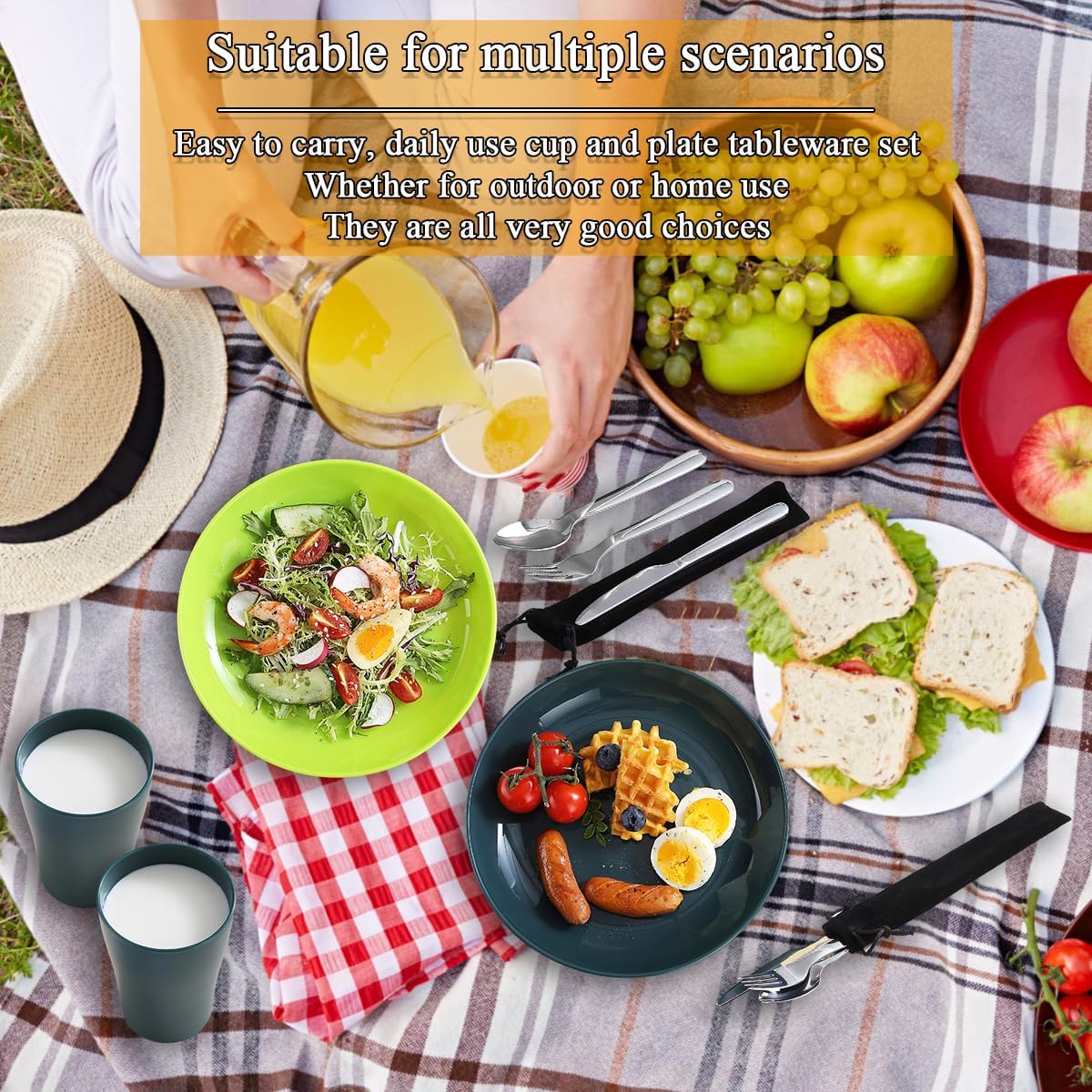 Evanda Camping Cutlery Set, Reusable Light Weight Mug, Plate and Stainless Steel Cutlery Set with Black Bag, Dishwasher Safe