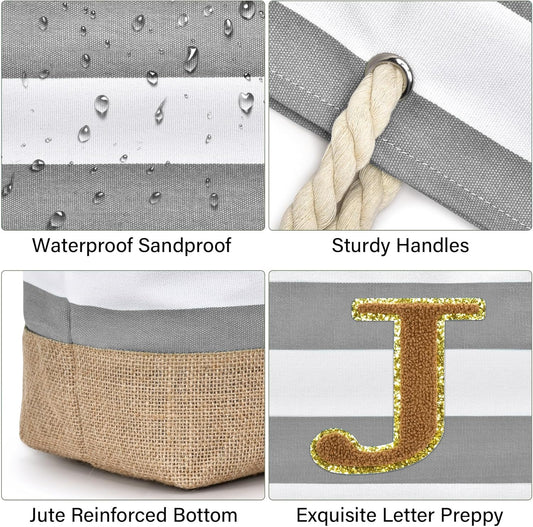 Becokan Beach Bag Initial Beach Tote with Makeup Bag for Travel Work Storage Personalized Birthday Gifts for Women Her