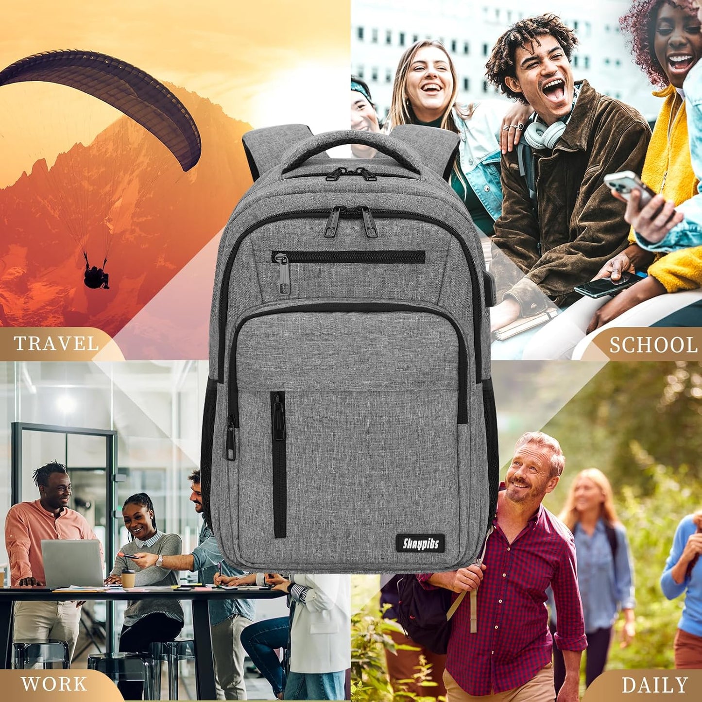 Backpack for Women Men, School Backpack for Boys Girls Teens, 17.3 Inch Laptop Backpack with USB Port, College Middle High School Bookbag, Water Resistent Business Mochila para hombre, Grey