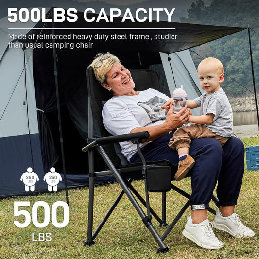EVER ADVANCED Oversized Folding Camping Chair for Adults, Heavy Duty Lawn Chair with Side Pockets, Portable Collapsible Quad Chair for Outside, Support Up to 500lbs, Black 2PACK