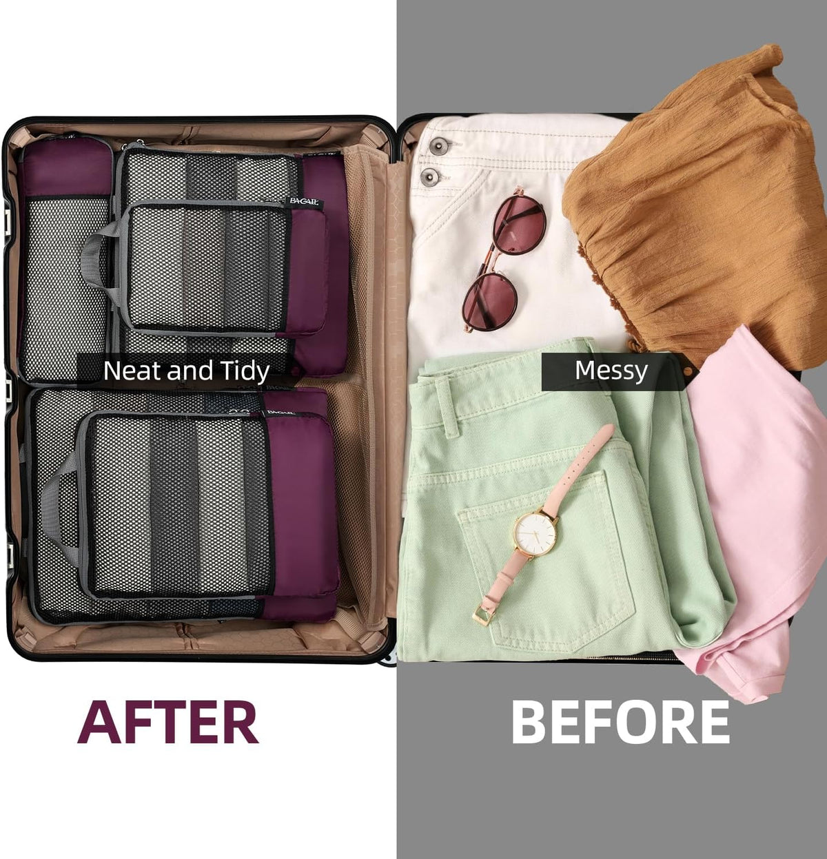 BAGAIL 4 Set/6 Set/8 Set Compression Packing Cubes Travel Accessories Expandable Packing Organizers (Half Mesh, 6-Burgundy)