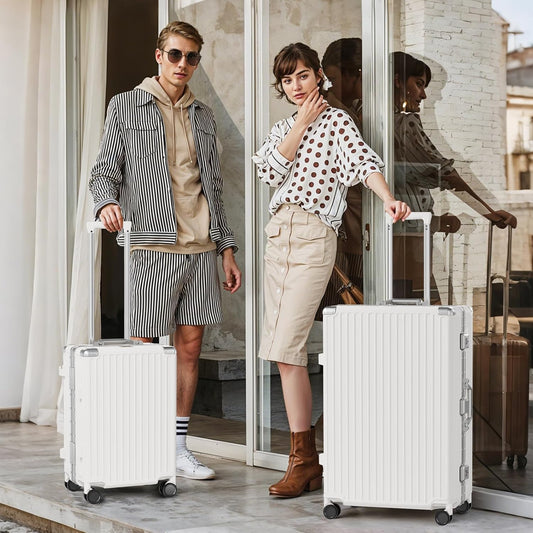AnyZip Luggage Sets 2 Piece Aluminum Frame Carry On and Checked Suitcase PC ABS Hard Shell TSA Lock No Zipper(White, 20/28)