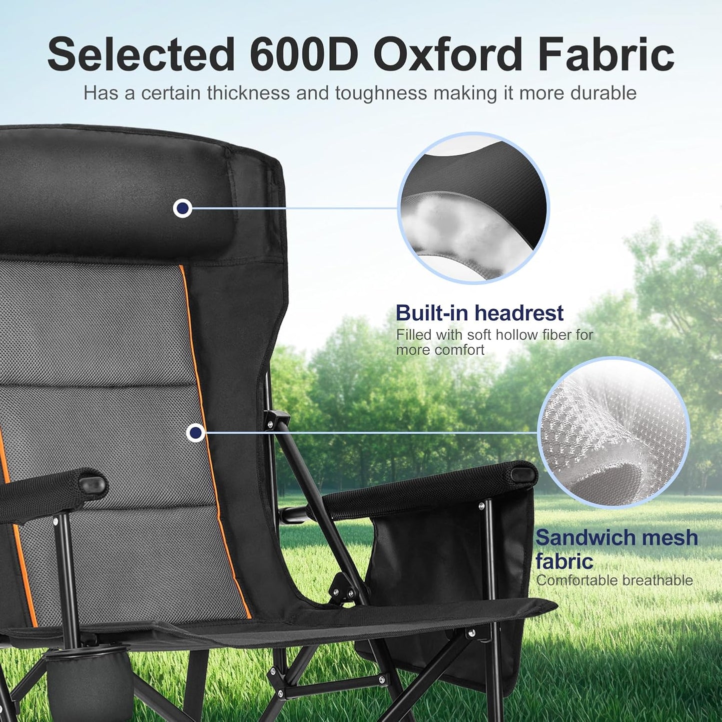 LET'S CAMP Oversized Camping Chairs 29.52" High Back Heavy Duty Lawn Chair Support 500LBS, Portable Collapsible Chair with Cup Holder, Side Pocket,2 Pack(Black)