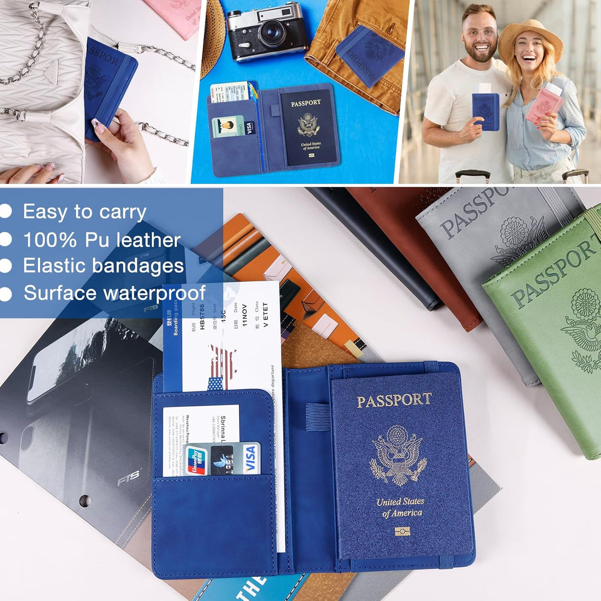 Melsbrinna Premium Leather Passport Holder Covers Case, Waterproof Rfid Blocking Travel Wallet Passport Holder with Pen Holder, Cute Passport Book for Women/Men