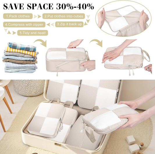 8 Set Compression Packing Cubes Travel, Lightweight Expandable Travel Cubes Suitcase Organizer for Carry On Luggage Suitcase, Beige
