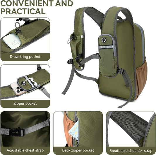 15L Small Hiking Backpack for Men Women Lightweight Packable Backpack Foldable Casual Daypack for Camping Travel Outdoor, Green