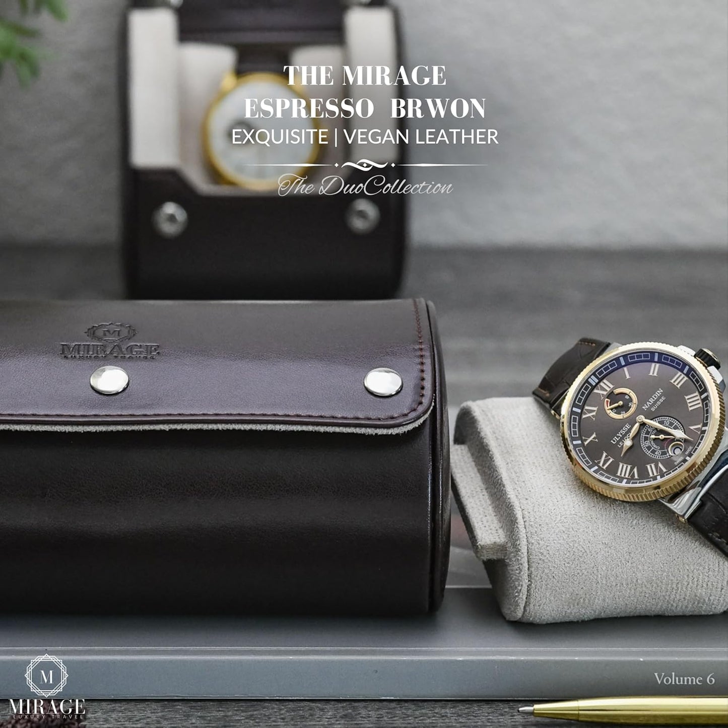 2 Watch Travel Case for Men - Mirage Watch Roll Gift Accessory - Espresso/Ivory Vegan Leather