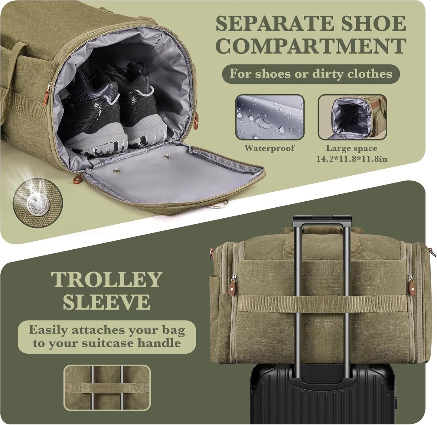 SHOWKOO Duffle Bag for Travel 60L Expandable Canvas Travel Bag Durable Vintage Weekender Overnight Carry On Bag for Men(Army Green)