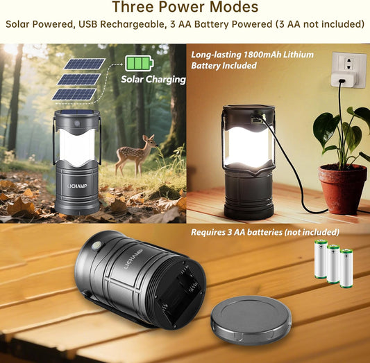 Lichamp 1-Pack Solar Camping Lantern, USB Rechargeable LED Lanterns Battery Powered Pop Up Flashlight Lamps with Three Modes Power for Power Outages Hurricane Supplies Emergency Indoor & Outdoor