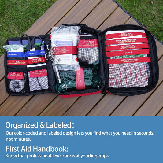 Premium First Aid Kit with Labelled Compartments, Emergency Survival Kit for Car, Home, Hiking and Travel – Compact Medical Kit for Roadside Emergencies, Outdoor Adventures, and Everyday Safety