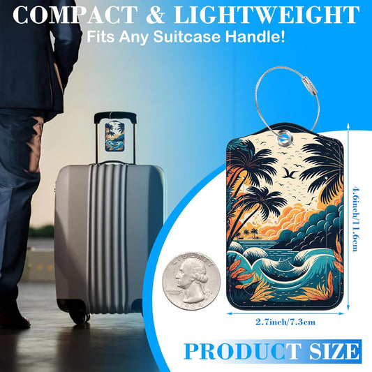 Tropical Beach at Sunset Luggage Tags for Suitcases Leather Travel Tags for Luggage ID Label with Privacy Cover and Stainless Steel Loop for Men Women Suitcase Backpack, Set of 2