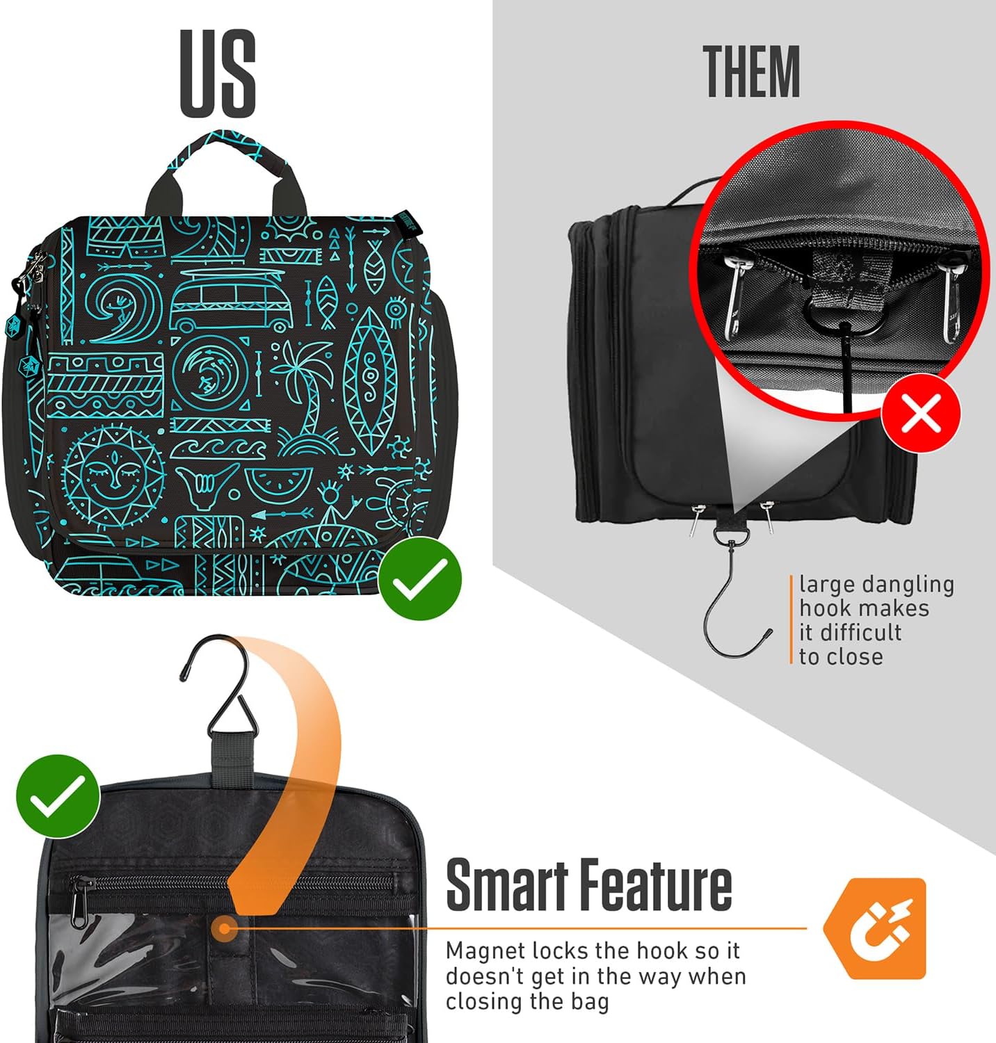 VENTURE 4TH Hanging Travel Toiletry Bag for Women & Men - Travel Organizer with Expandable Compartments & Removable Clear Pouch for Toiletries (Surfing Vibes)