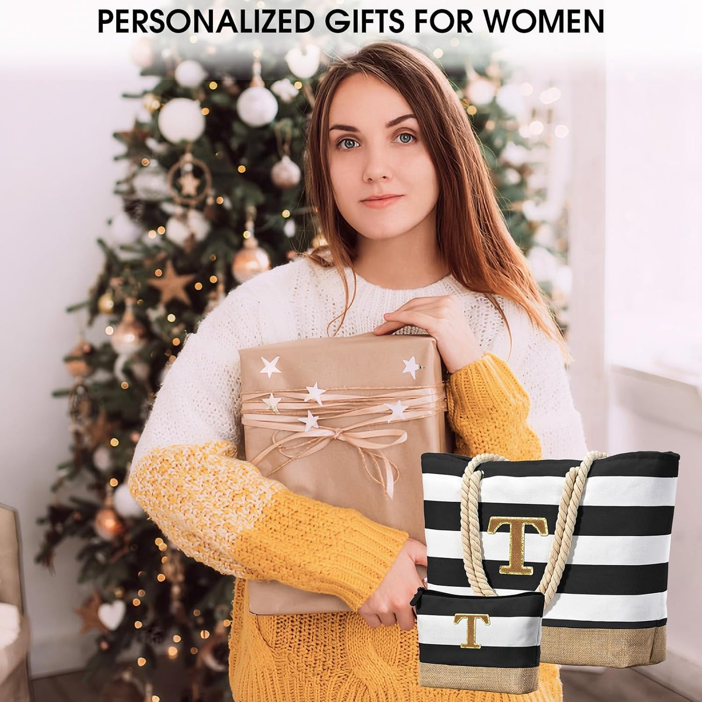 Becokan Beach Bag Initial Beach Tote with Makeup Bag for Travel Work Storage Personalized Birthday Gifts for Women Her