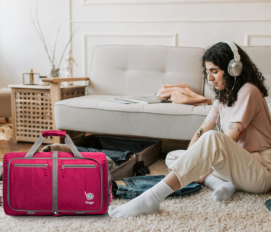 Bago Foldable Duffel Bags for Traveling Women & Men - 40L Sports Packable Duffle Bag for Travel with Shoe Compartment - Water Repellant, Heavy Duty, Lightweight Folding & Collapsible (Pink)