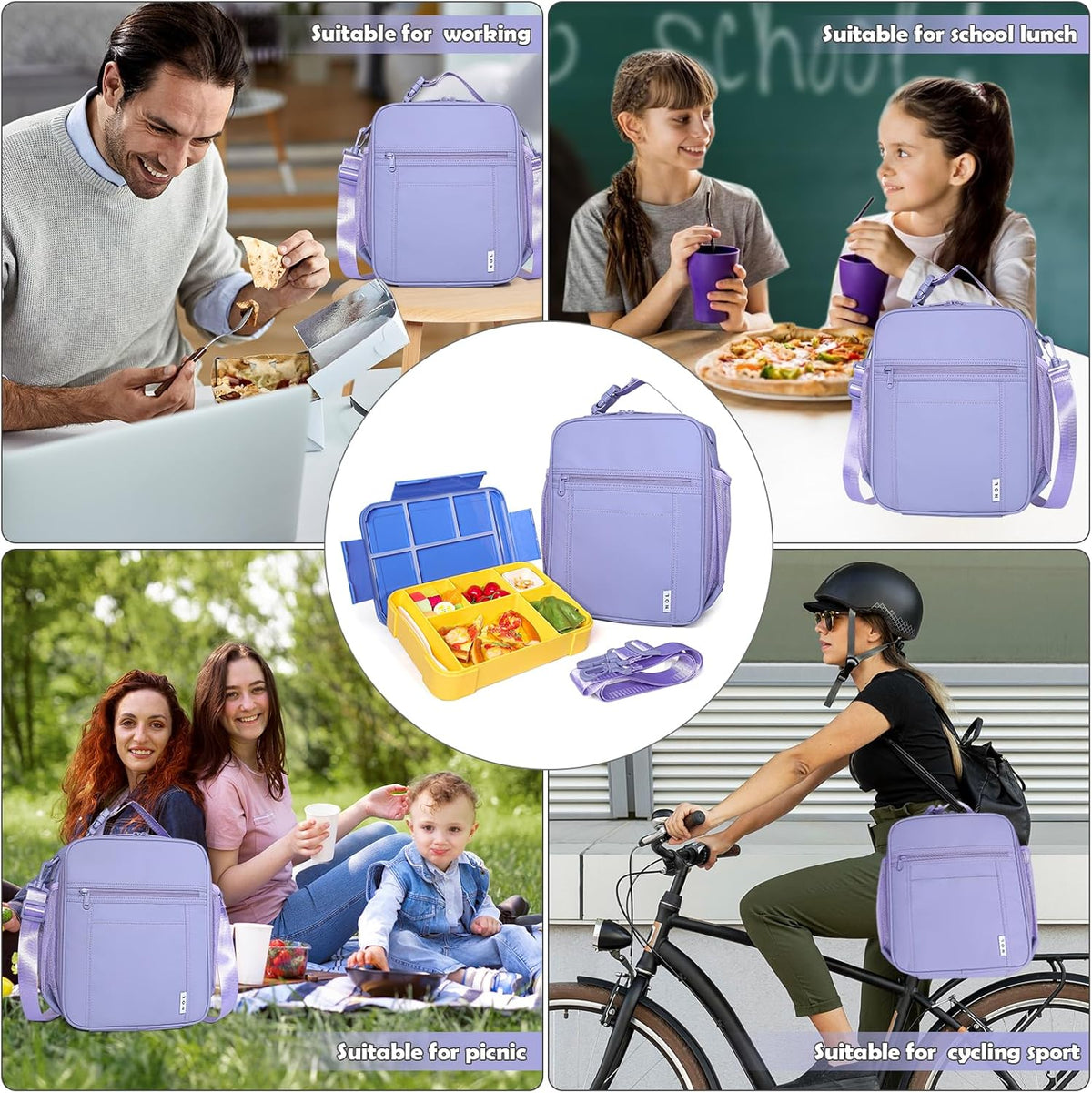 NOL Nylon Waterproof Kids Lunch Bag, Insulated Lunch Bag, Lunch box Cooler, Reusable, Zip Closure with Buckle Handle Holds Lunch Box, Snacks & Water Bottle for School Work,Light purple