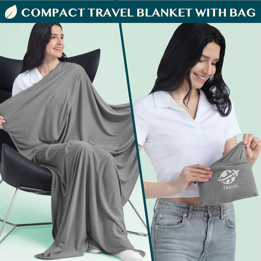 PAVILIA Soft Travel Blanket, Compact Airplane Blanket in Bag, Portable Blanket Pillow Set, Lightweight and Packable Plane Flight Car Trips Travel Home Office Gift Accessories, Gray, 65x40 inches