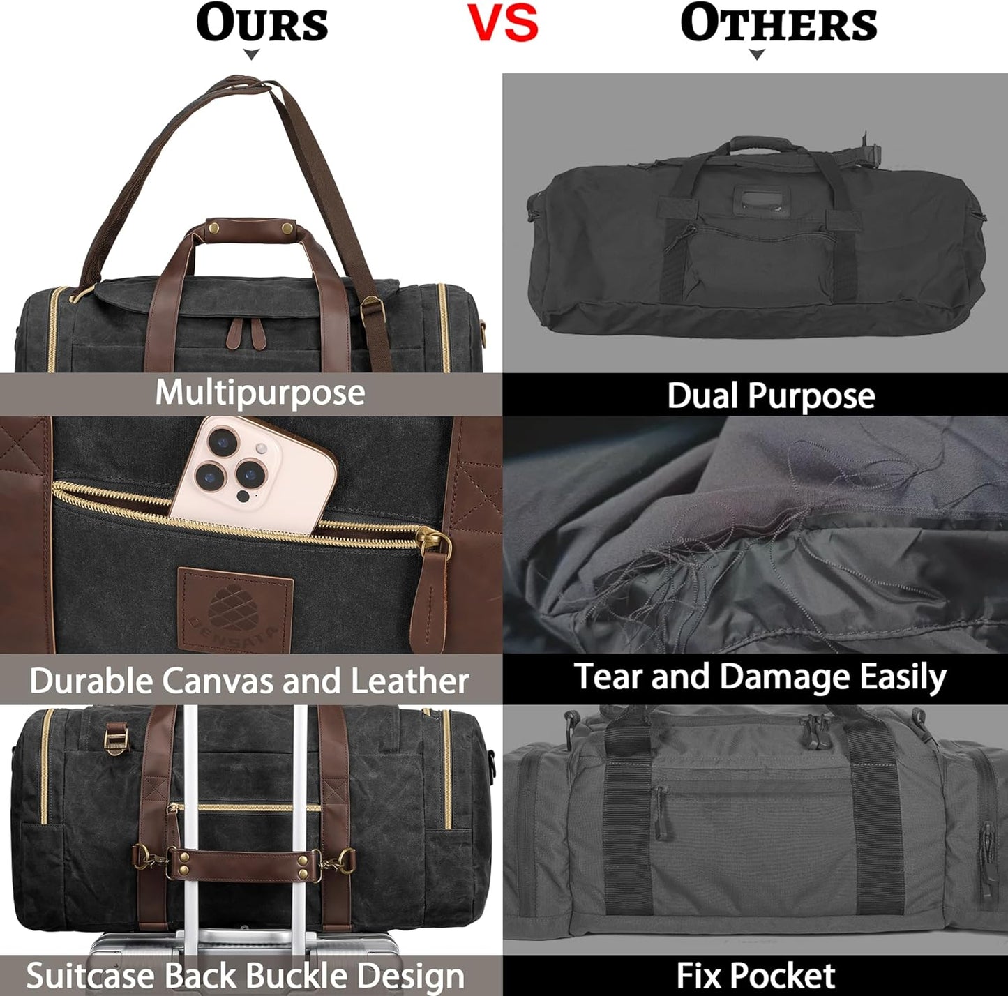 50L Duffle Bag for Men, Nomad Waxed Canvas Travel Duffel Bag Vintage Genuine Leather Travel Handbag Upgraded Weekender Overnight Backpack with Shoes Compartment (Vintage Black, Large-50L)