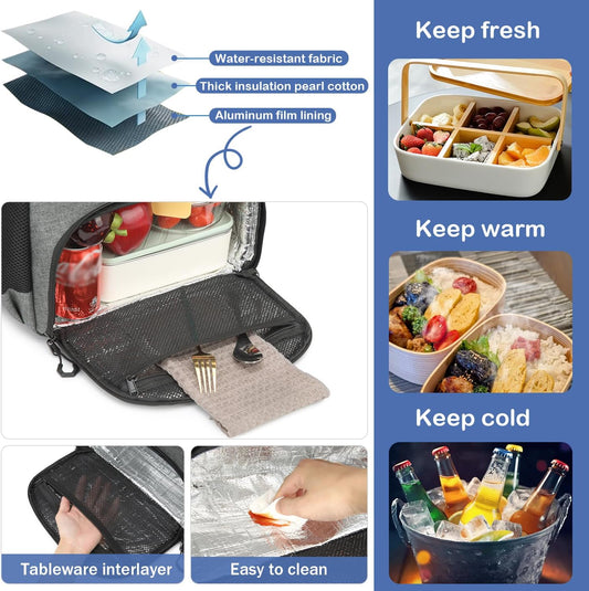 Laptop Lunch Backpack for Men - 40L Large Capacity Work Backpack with Lunch Compartment and USB Post, RFID Insulated Cooler Backpack for Work, Travel, Picnic, Black+Gray