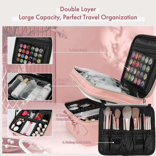 Travel Makeup Bag with LED Mirror Double Layer, Detachable Vanity Mirror with Lights, Tri-light Dimmable, Makeup Case with Adjustable Dividers and Brush Holder Cosmetic Organizer Storage Box