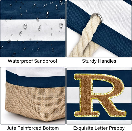 Becokan Beach Bag Initial Beach Tote with Makeup Bag for Travel Work Storage Personalized Birthday Gifts for Women Her