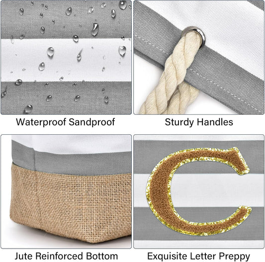 Becokan Beach Bag Initial Beach Tote with Makeup Bag for Travel Work Storage Personalized Birthday Gifts for Women Her