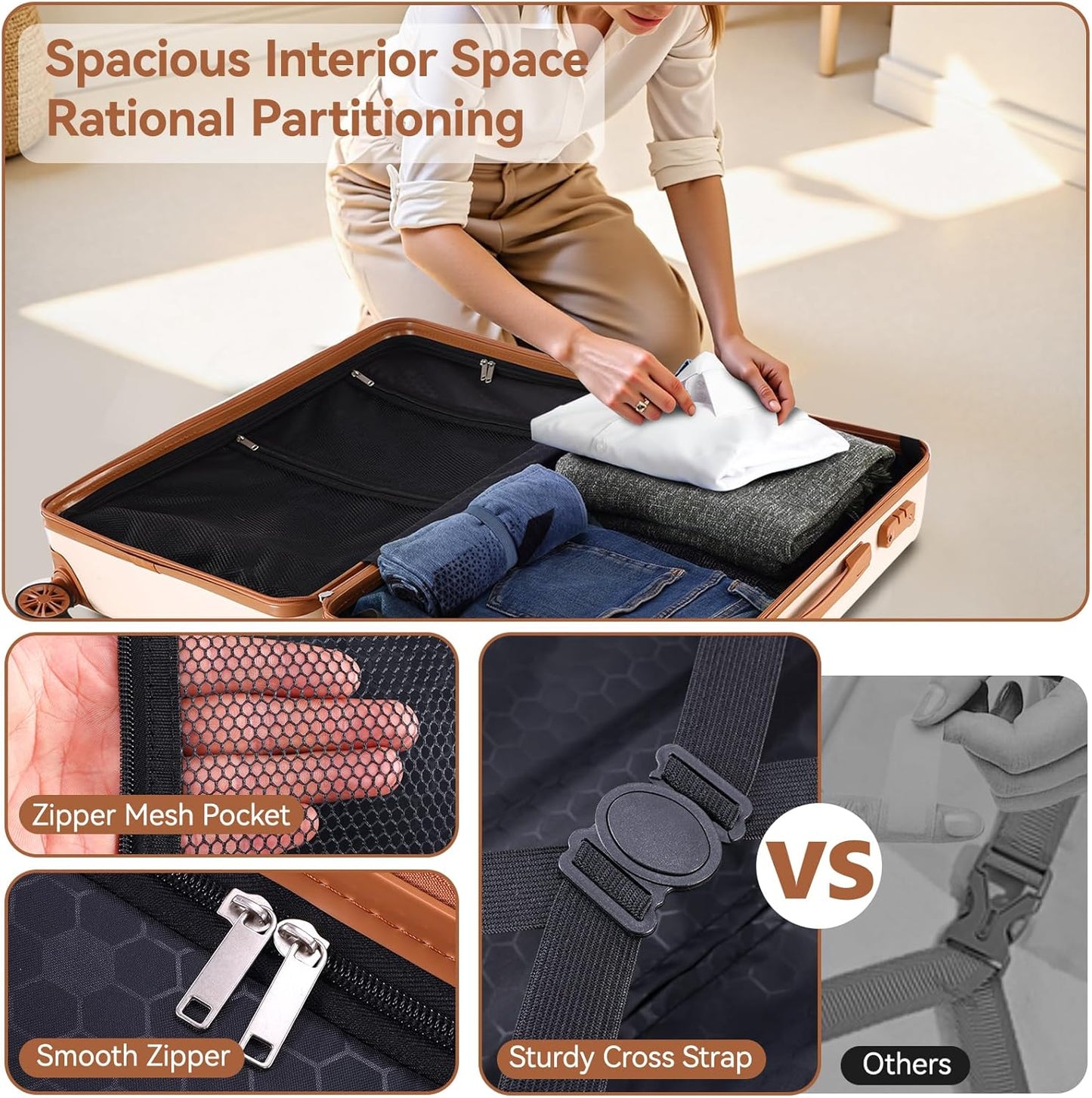 Hoteel 3 Piece Luggage Set with Spinner Wheels (4-YEAR WARRANTY), Carry on Luggage for Travel with TSA Lock, Hardshell ABS+PC Suitcase Set, 20" Suitcase + Expandable Duffel Bag + Cosmetic Bag(Beige)