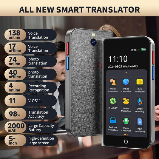 Language Translator Device No Wifi Needed, High-end Upgraded Ai Translator, Offline Real-Time Voice Spainish Translation, Support 139 Languages, Recording&Photo Premium Translation Device for Business