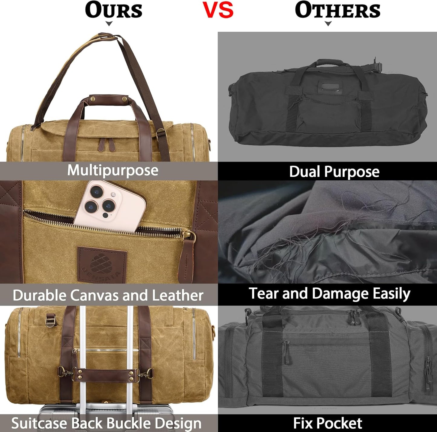 50L Duffle Bag for Men, Nomad Waxed Canvas Travel Duffel Bag Vintage Genuine Leather Travel Handbag Upgraded Weekender Overnight Backpack with Shoes Compartment (Vintage Brown)