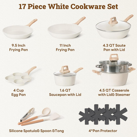 17 Pcs Pots and Pans Set Non stick,Cookware Sets White Granite Induction Cookware, Non-toxic Healthy Non Stick Kitchen Cooking Set with Frying Pans Set, Saucepans (PFAS, PFOA, PFOS Free) White