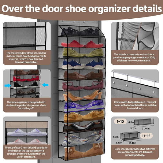 12 Pocket Over the Door Shoe Organizer,Reusable Breathable Large Mesh Bag Men's & Women's Sneaker Organizer,Shoe Organizer for Kids,Hanging Shoe Storage Hanging Bag (Gray)