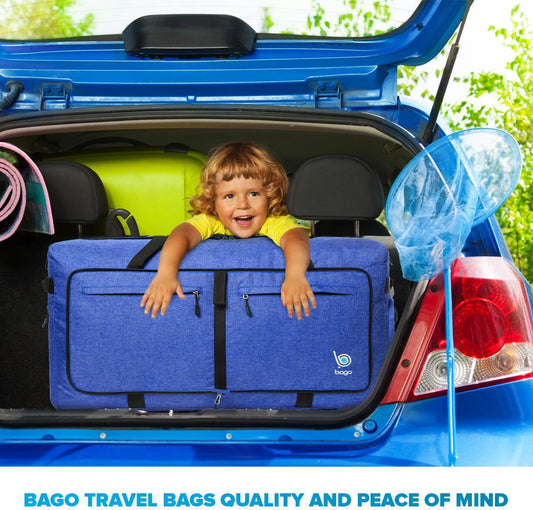 Bago Big XXL Foldable Duffel Bags for Traveling Women & Men - 140L Packable Duffle Bag for Travel with Shoe Compartment - Water Repellant, Heavy Duty, Lightweight Folding & Collapsible (SnowDepBlue)