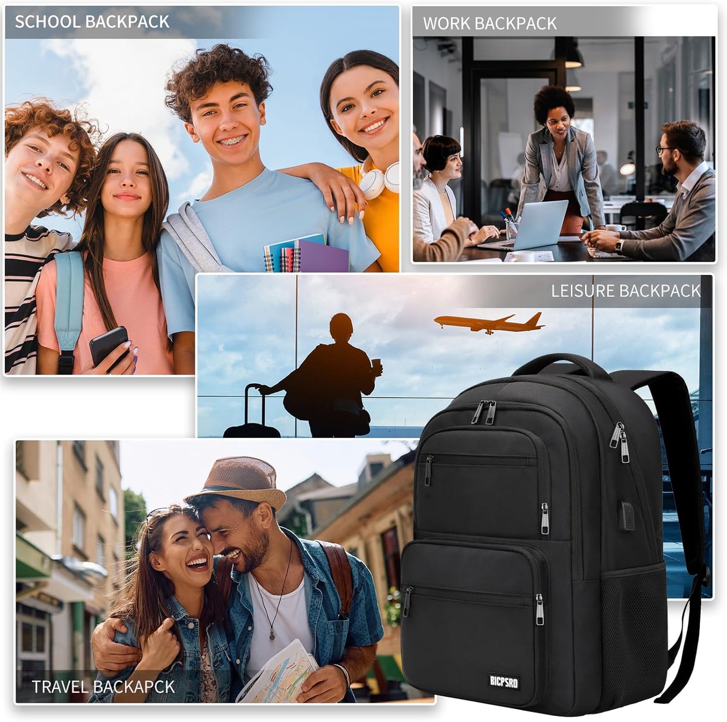 Black Backpack for School, School Backpack for Boys Girls Teens, College Book Bag, Water Resistant Bookbag, Back Pack for Men Women, Business Work Travel
